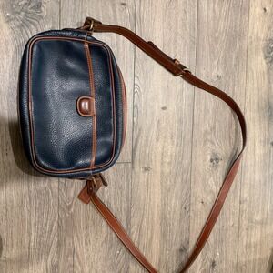 Coach Navy Leather Brown Trim Crossbody Bag Purse Flap Closure Adjustable Strap